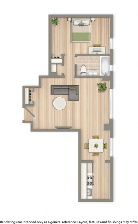 one bedroom floor plan rendering at sherry hall apartments in washington dc